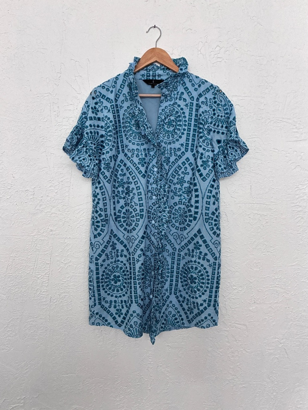 Katie Point Collar Short Sleeve Eyelet Mini Shirt Dress by Abbey Glass sz Large
